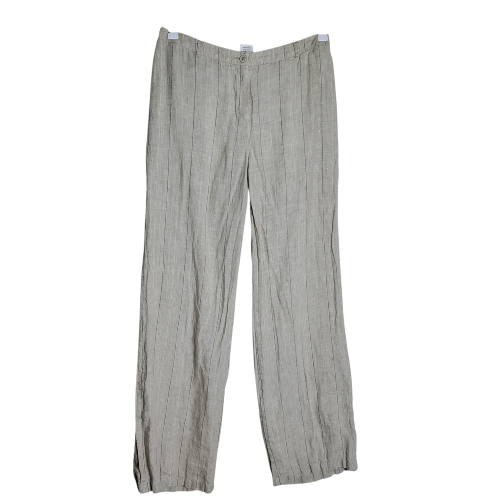 Next Beige Pinstripe 100% Linen Wide Leg Trousers Pants UK 14 Long US 10